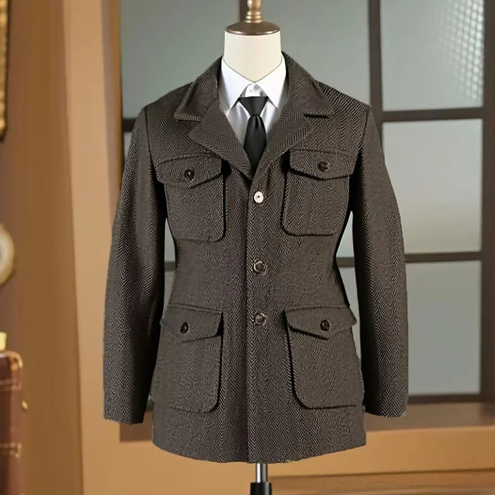 Hunting jacket British Men's Retro Multi-pocket Sport Coat With Belt Herringbone Business Causal Lapel Suit Blazers Tuxedos