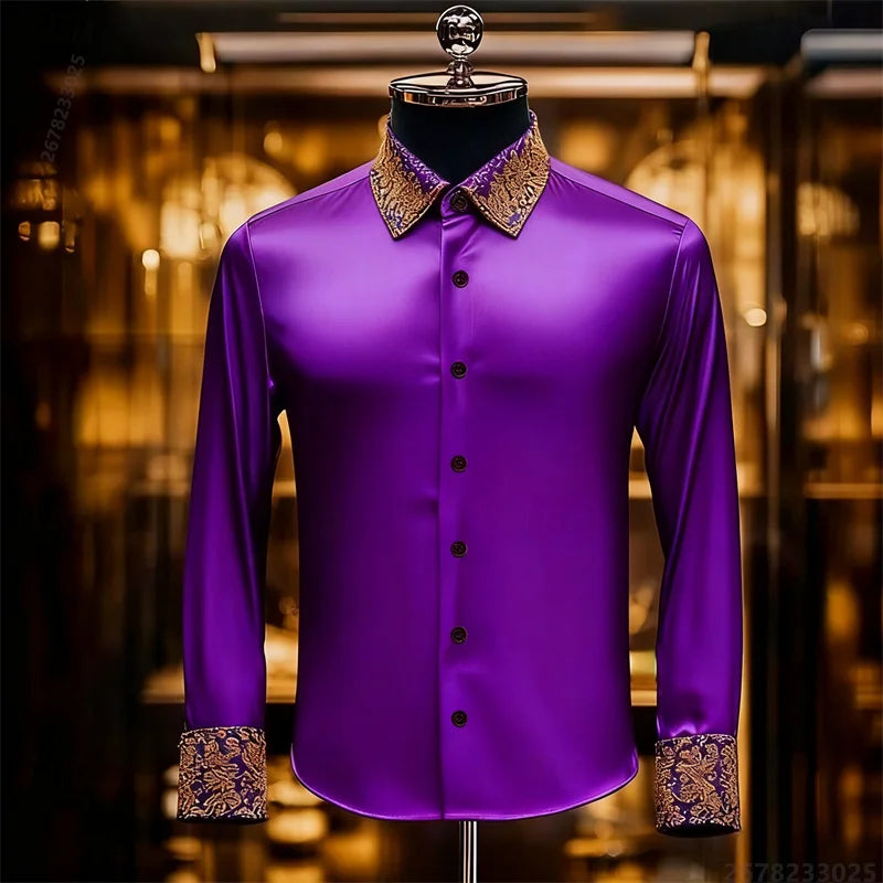 Men's Baroque Gold Pattern Slim Fit Dress Shirt - Sizes XS-6XL