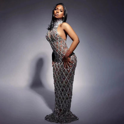 Women's Sparkly Silver Sleeveless Rhinestone Evening Dress