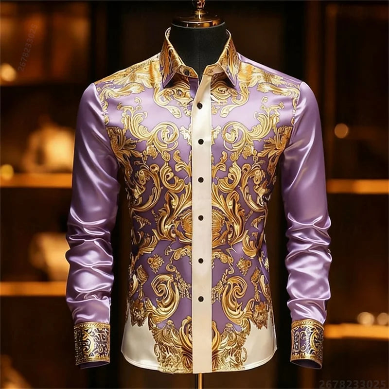 Men's Baroque Gold Pattern Slim Fit Dress Shirt - Sizes XS-6XL