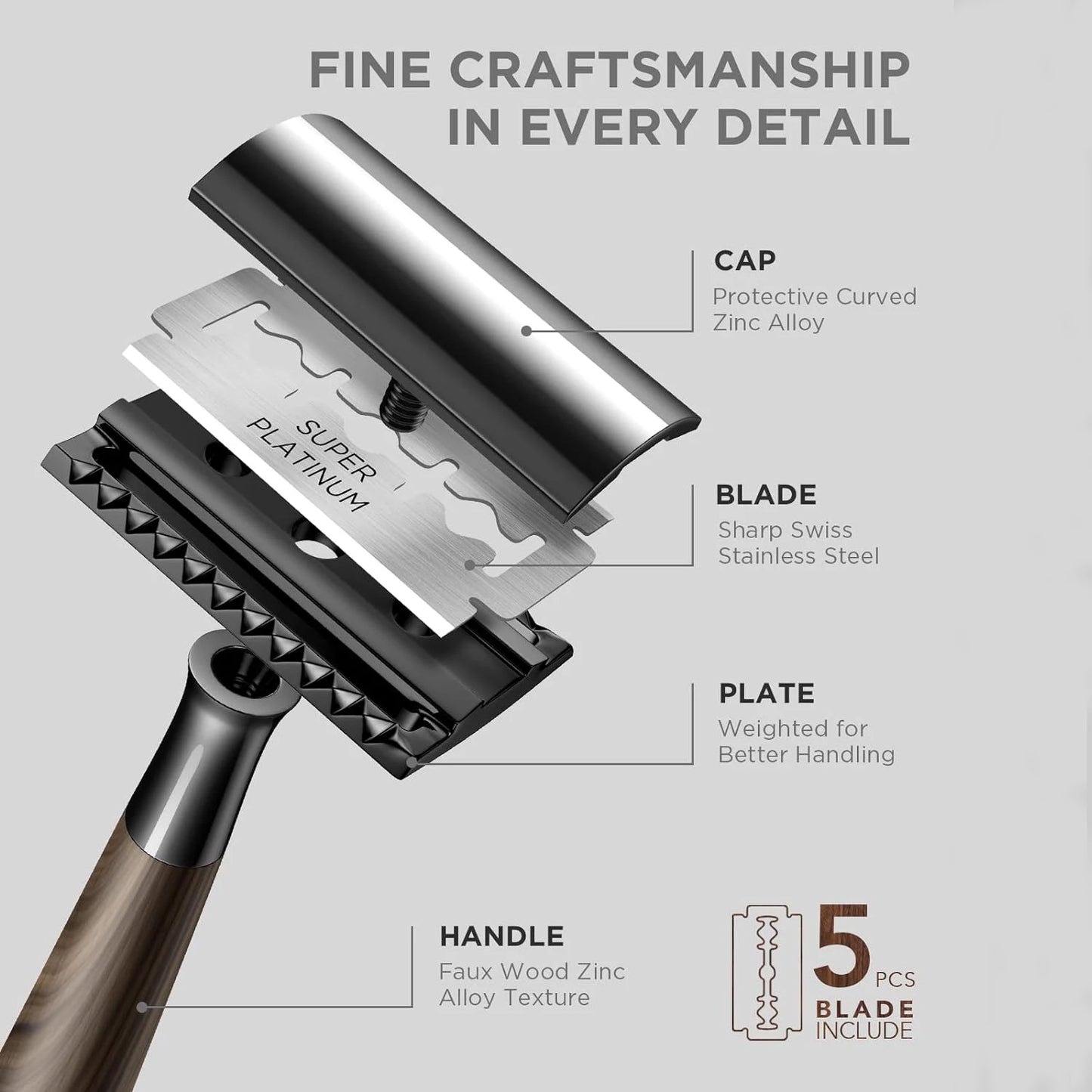 Heavy Duty Eco-Friendly Double Edge Safety Razor with 5 Swiss Stainless Steel Blades