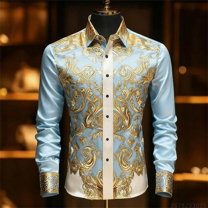 Men's Baroque Gold Pattern Slim Fit Dress Shirt - Sizes XS-6XL