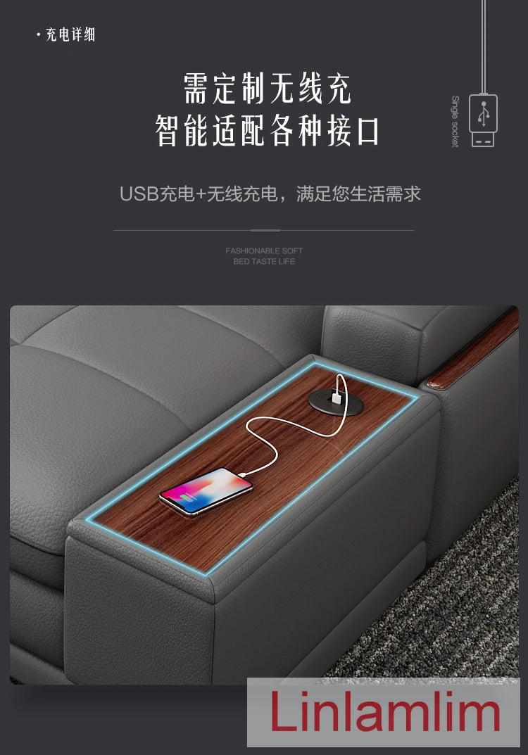 Italian Genuine Leather Sofa - Bluetooth Speaker, Adjustable Headrests and USB Charging