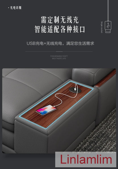 Italian Genuine Leather Sofa - Bluetooth Speaker, Adjustable Headrests and USB Charging