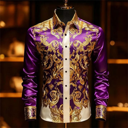 Men's Baroque Gold Pattern Slim Fit Dress Shirt - Sizes XS-6XL
