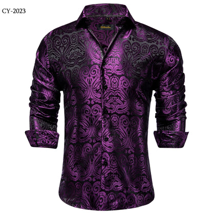 Men's Shirts Long Sleeve Silk Polyester Dress Shirts Luxury Tuxedo Turn Down Collar Social Paisley Shirt Men Clothing