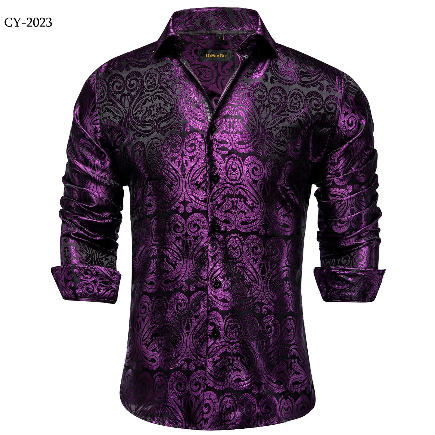 Men's Shirts Long Sleeve Silk Polyester Dress Shirts Luxury Tuxedo Turn Down Collar Social Paisley Shirt Men Clothing