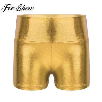 Kids Metallic Shiny High Waist Dance Shorts - Girls