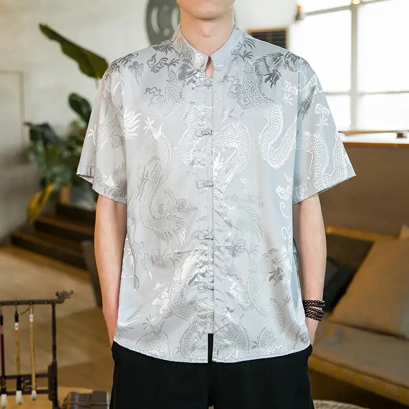 Men's Retro Mandarin Collar Short Sleeve Shirt