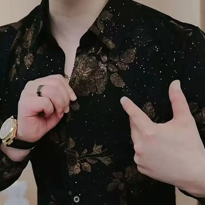 Men's Shirt with Long Sleeves Autumn and Winter Fashion Lapel Trendy Handsome Print Casual Slim Body