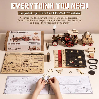 Robotime Rokr Car Model Building Kit 3D Wooden Puzzle Steam Kit 1:28  Mechanical Steam Locomotive Awesome Gifts for Adults Teens