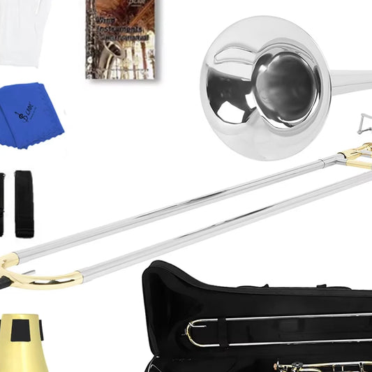 SLADE Bb Tone Tenor Trombone Brass Plated Trombone with Silver and Gold Dual Tone (Silver Horn) Mouthpiece Gloves Cleaning kit