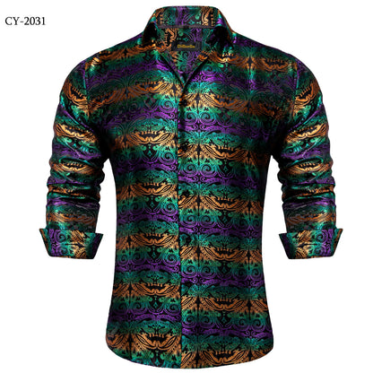 Men's Shirts Long Sleeve Silk Polyester Dress Shirts Luxury Tuxedo Turn Down Collar Social Paisley Shirt Men Clothing