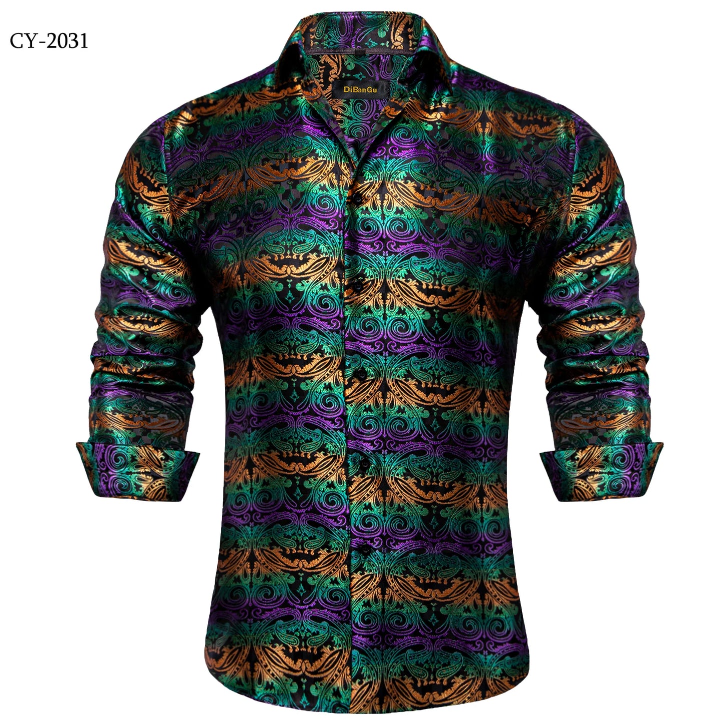 Men's Shirts Long Sleeve Silk Polyester Dress Shirts Luxury Tuxedo Turn Down Collar Social Paisley Shirt Men Clothing