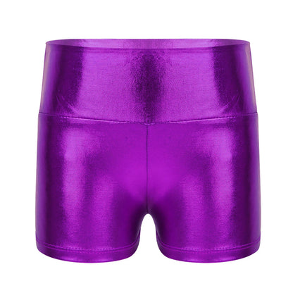 Kids Metallic Shiny High Waist Dance Shorts - Girls