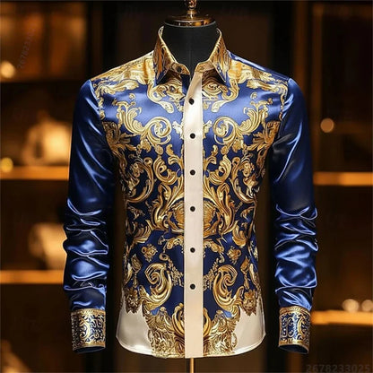 Men's Baroque Gold Pattern Slim Fit Dress Shirt - Sizes XS-6XL