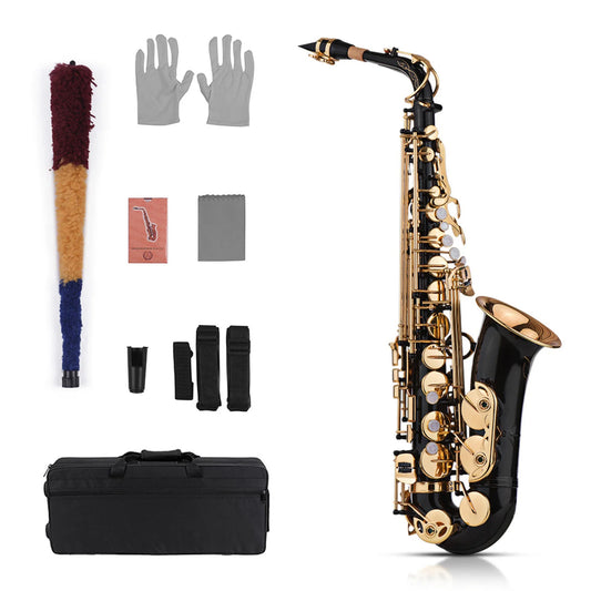 Brass Eb Alto Saxophone Sax Lacquered Gold 82Z Key Type Woodwind Instrument with Padded Carry Case Gloves Cleaning Cloth Brush S
