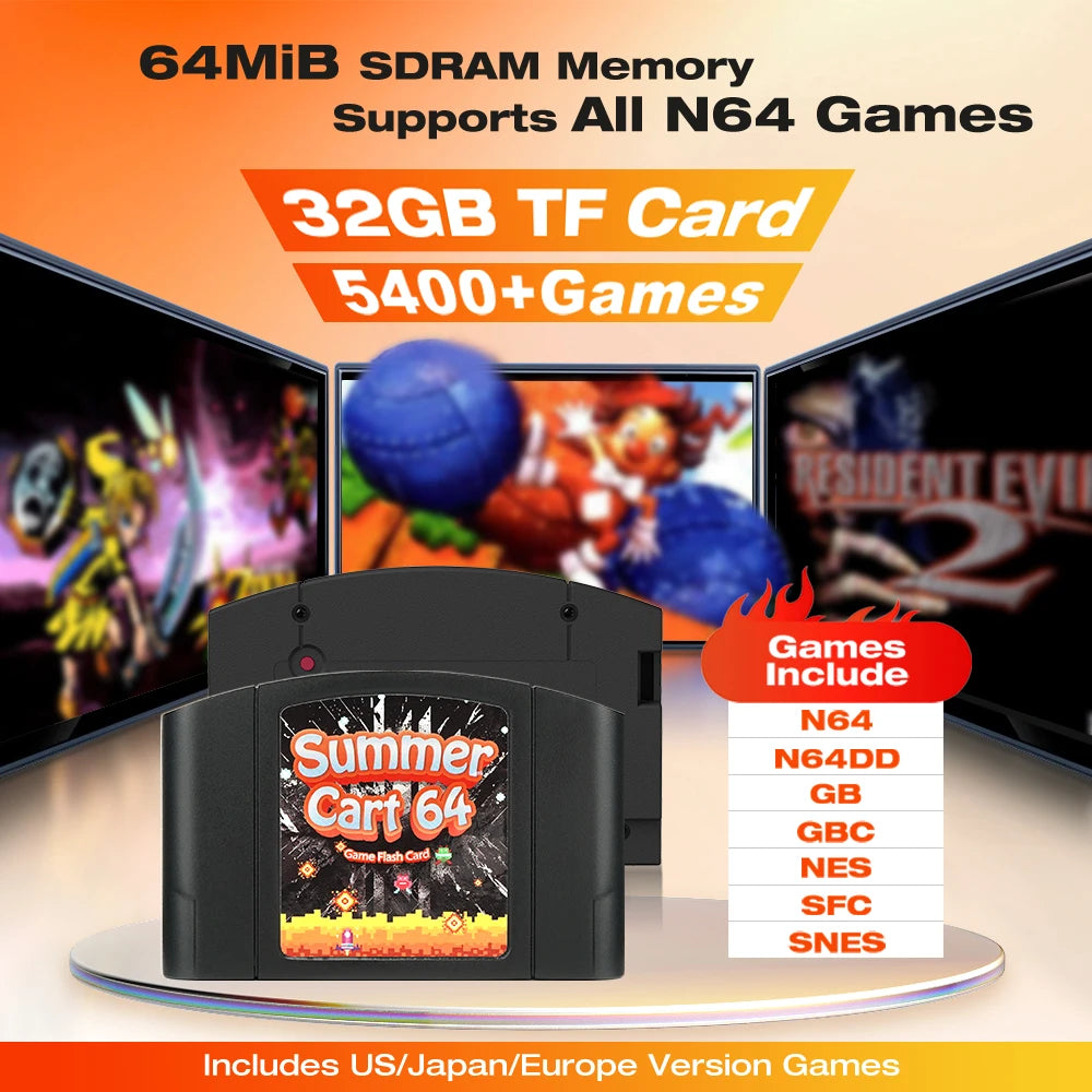 5400 In 1 SummerCart 64 Game Card For N64 - Retro Game Cartridge With 32GB TF Card (No Region Restriction)