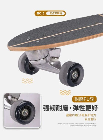 Maple Surfskate Longboard, Single Kick Carving Cruiser for Pumping & Street Riding