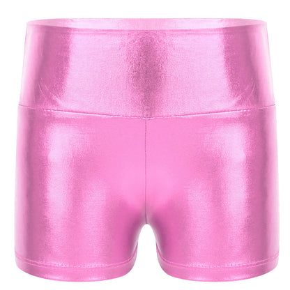 Kids Metallic Shiny High Waist Dance Shorts - Girls