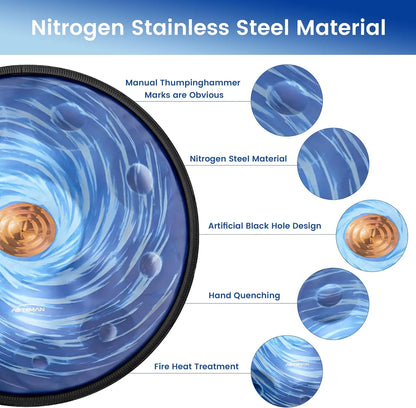 Handpan in D Minor,432hz 22inches with 10 notes, comes with a backpack, courses, finger sleeves, stand, cleaning cloth