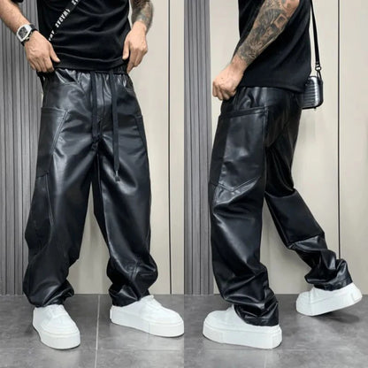 Mens Multi-Pocket Pu Pants Streetwear Casual Pants