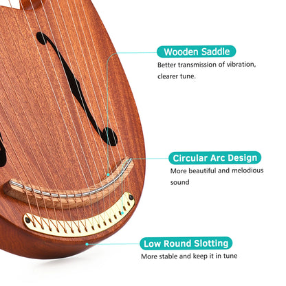 16- Metal String Solid Wooden Lyre Harp with Carry Bag - WH-16 C Tone