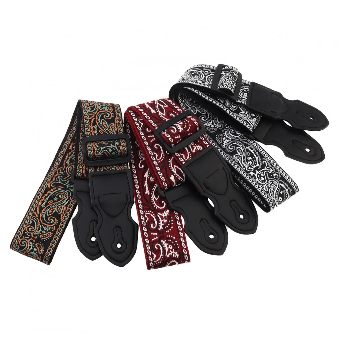 Embroidered Style PU Leather Ends Guitar Strap with Pick Slot