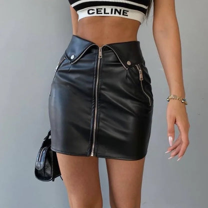 Women's PU Leather Zipper Casual Zipper Skirt