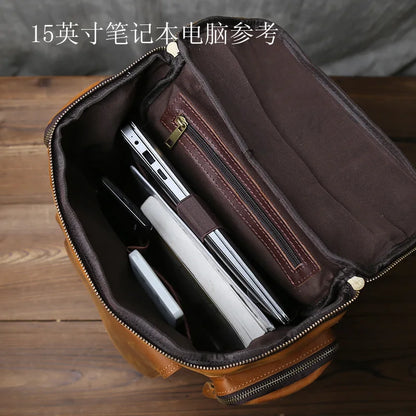 Men's Classic Retro Genuine Leather Multi functional Large Capacity Backpack