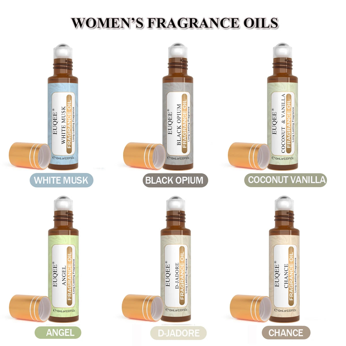 EUQEE 6PCS Women's Fragrance Oil Set -10ml White Musk Coconut & Vanilla Black Opiumm Angel Chance D-Jador  Roller Fragrance Oils