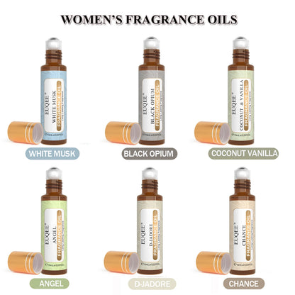EUQEE 6PCS Women's Fragrance Oil Set -10ml White Musk Coconut & Vanilla Black Opiumm Angel Chance D-Jador  Roller Fragrance Oils