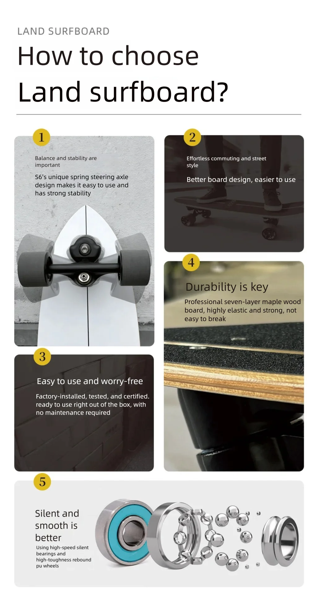 S6 Spring Surfskate Land Surfboard, No-Push Training Skateboard for Adults & Beginners