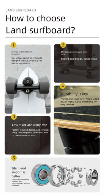 S6 Spring Surfskate Land Surfboard, No-Push Training Skateboard for Adults & Beginners