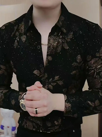 Men's Shirt with Long Sleeves Autumn and Winter Fashion Lapel Trendy Handsome Print Casual Slim Body