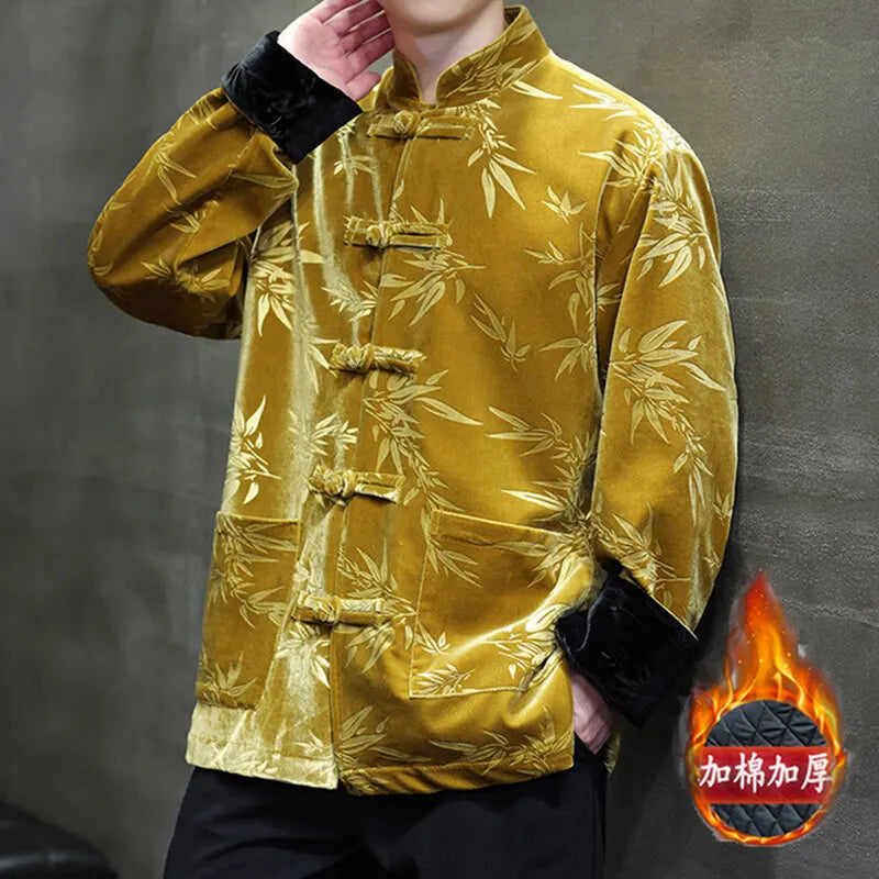 Men's  Velvet Ancient Chinese Style Retro Jackets - Style Bamboo Leaf (Thickened Cotton-padded Coat)