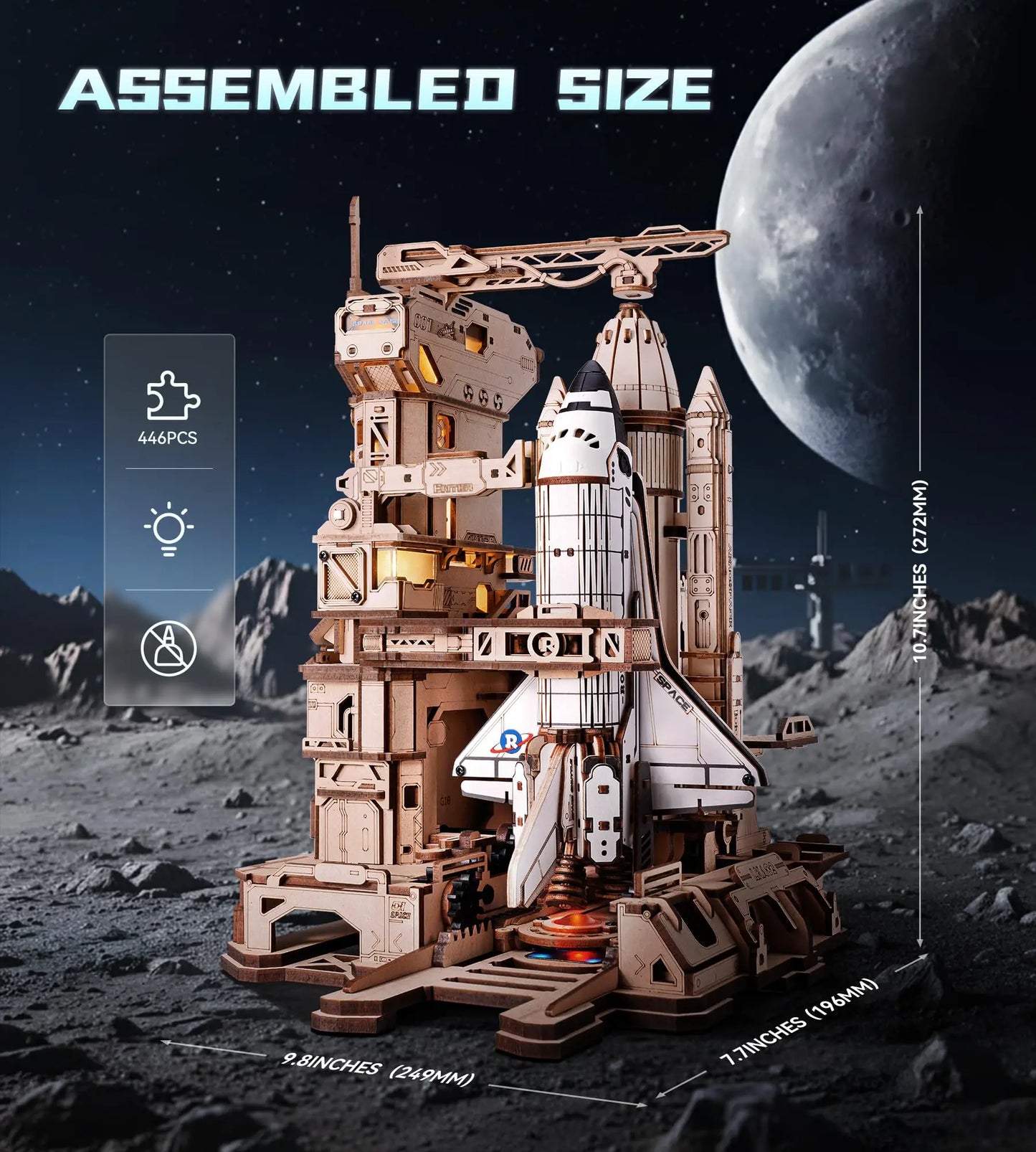 Mechanical Building Set STEM Project | Moving Rocket Launch Tower with Lights 3D Wooden Puzzle