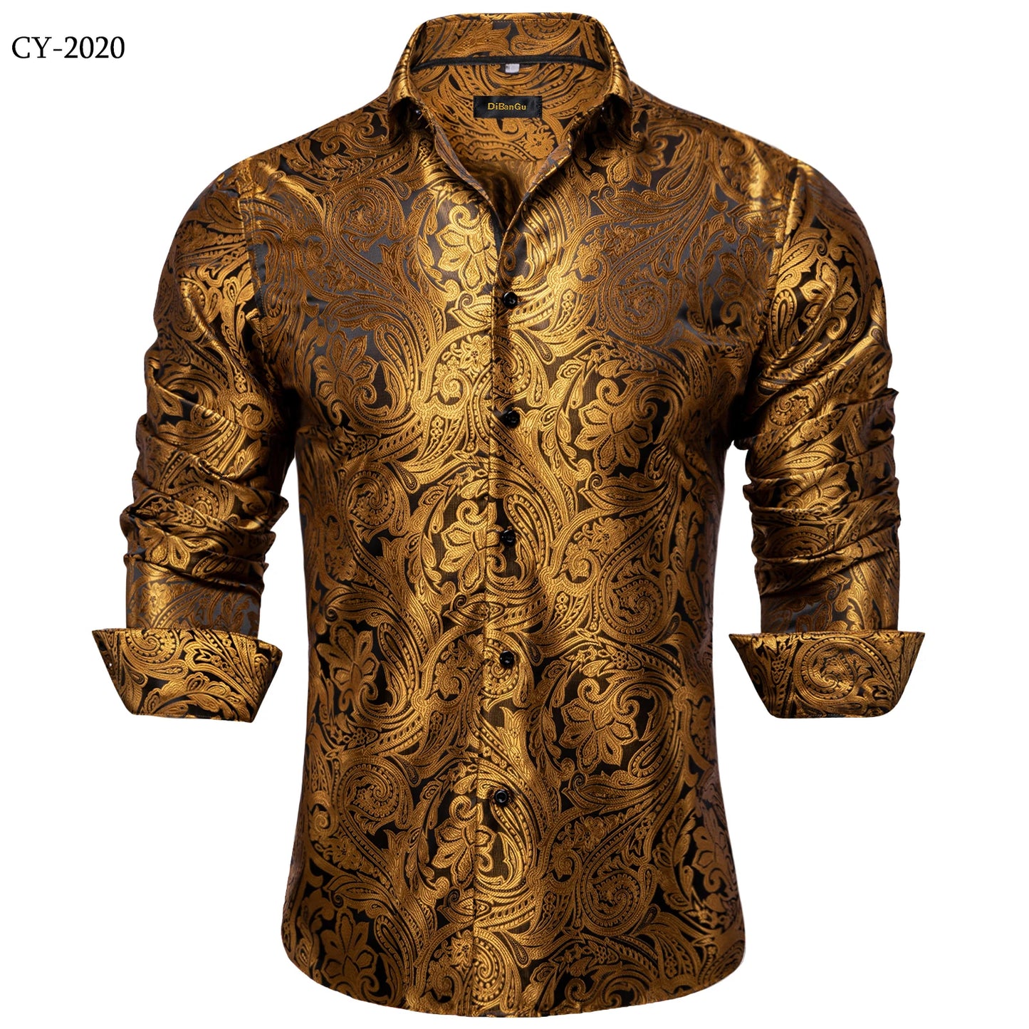 Men's Shirts Long Sleeve Silk Polyester Dress Shirts Luxury Tuxedo Turn Down Collar Social Paisley Shirt Men Clothing