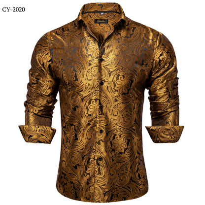 Men's Shirts Long Sleeve Silk Polyester Dress Shirts Luxury Tuxedo Turn Down Collar Social Paisley Shirt Men Clothing