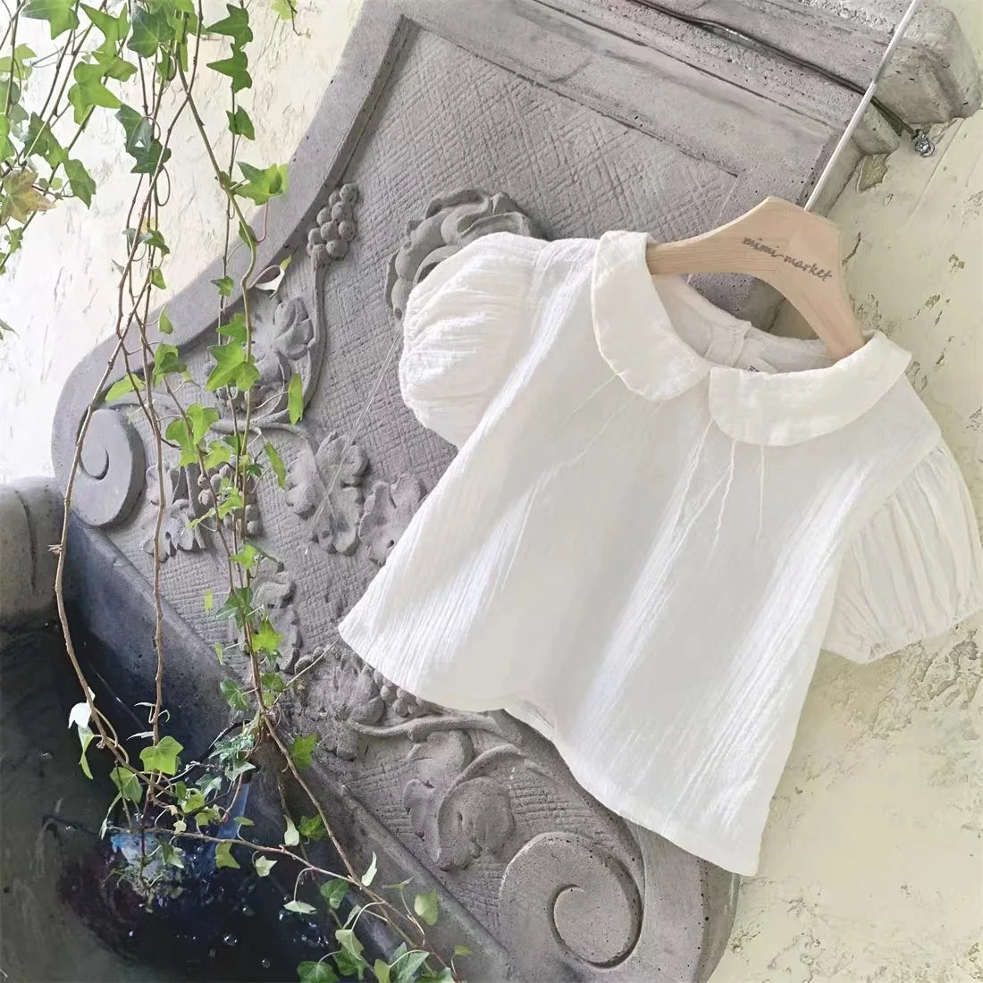 Baby Girl Solid Puff Sleeve Shirts Cotton Short Sleeve T Shirts