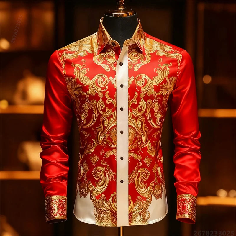 Men's Baroque Gold Pattern Slim Fit Dress Shirt - Sizes XS-6XL