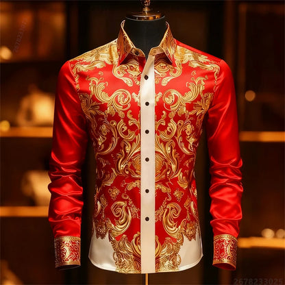 Men's Baroque Gold Pattern Slim Fit Dress Shirt - Sizes XS-6XL