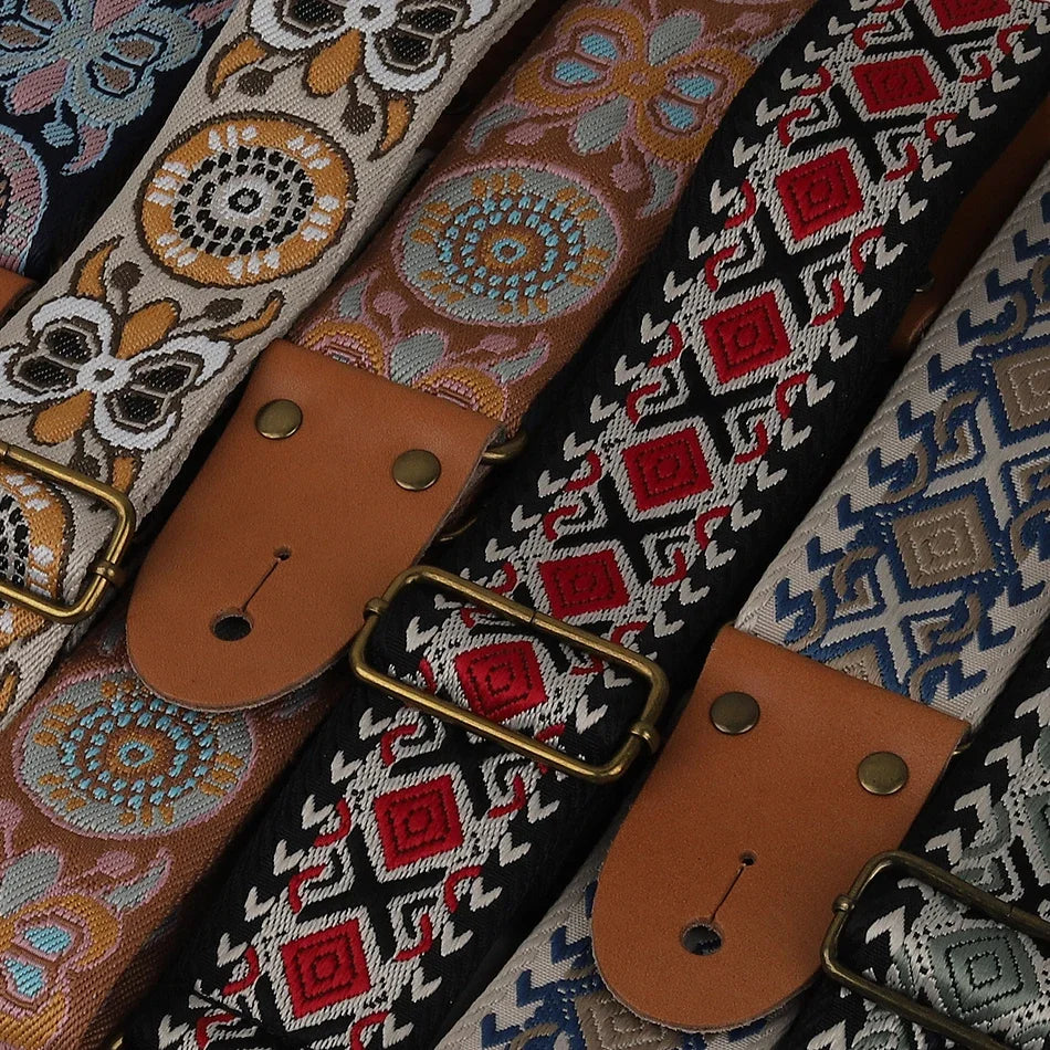 P&P Adjustable Embroidered Guitar Strap with Leather End