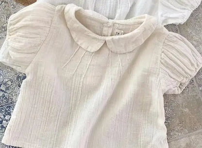 Baby Girl Solid Puff Sleeve Shirts Cotton Short Sleeve T Shirts