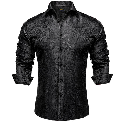 Men's Shirts Long Sleeve Silk Polyester Dress Shirts Luxury Tuxedo Turn Down Collar Social Paisley Shirt Men Clothing