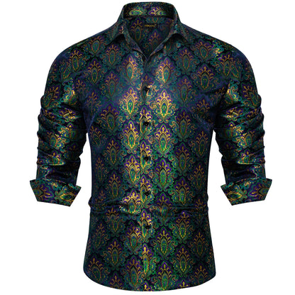 Men's Shirts Long Sleeve Silk Polyester Dress Shirts Luxury Tuxedo Turn Down Collar Social Paisley Shirt Men Clothing