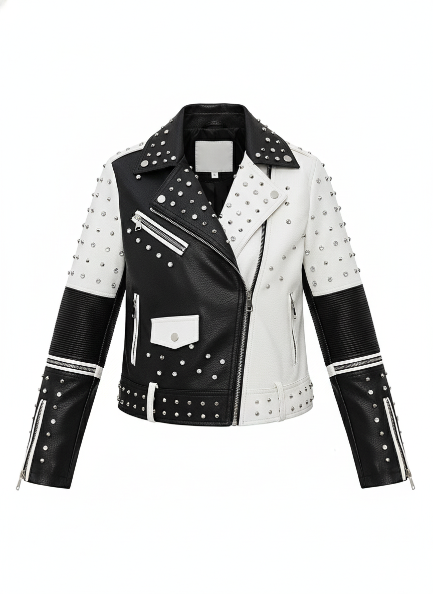 Women's Street Rivet Black White Faux Leather Biker Jacket