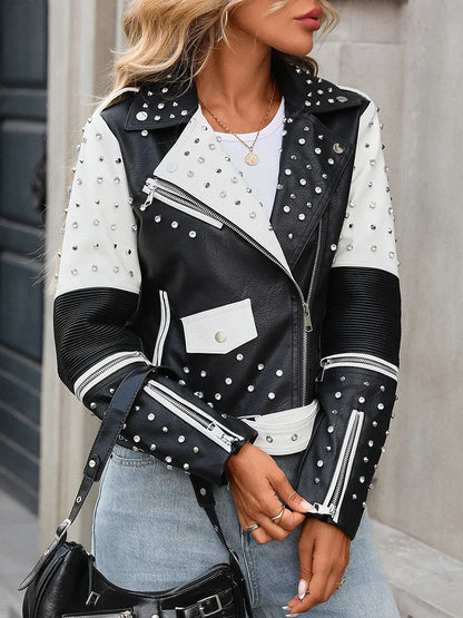 Women's Street Rivet Black White Faux Leather Biker Jacket