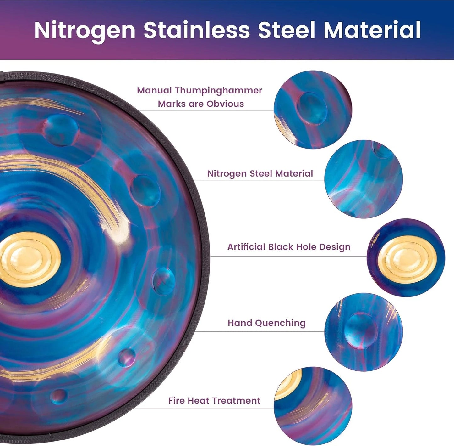 Handpan in D Minor,432hz 22inches with 10 notes, comes with a backpack, courses, finger sleeves, stand, cleaning cloth