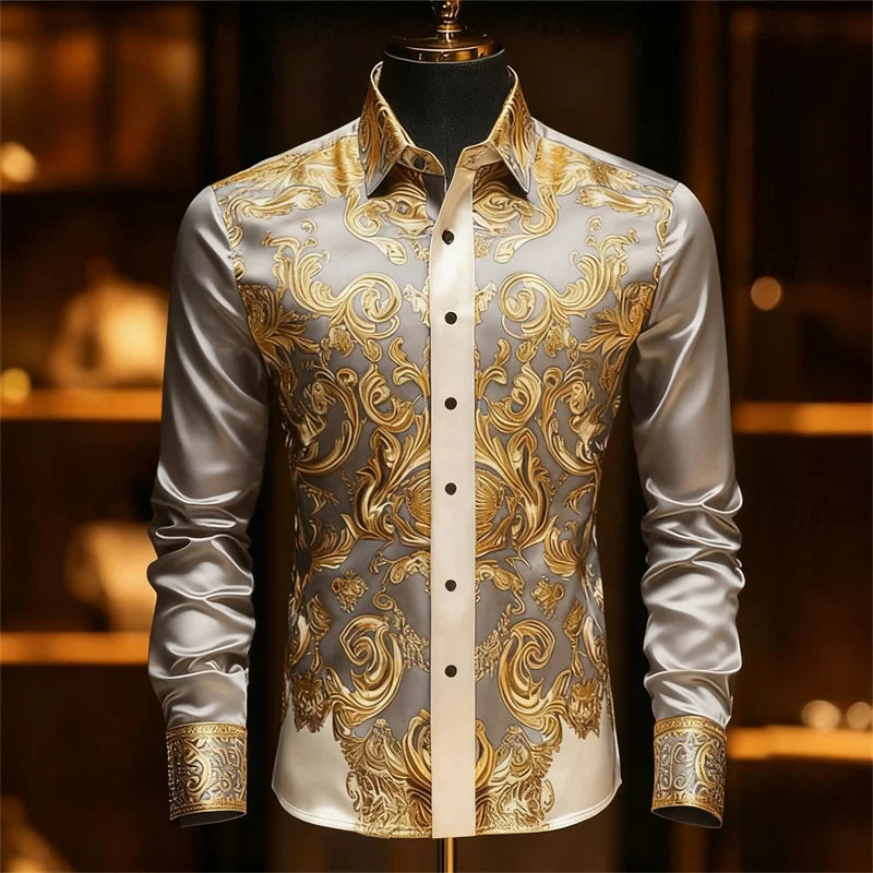 Men's Baroque Gold Pattern Slim Fit Dress Shirt - Sizes XS-6XL